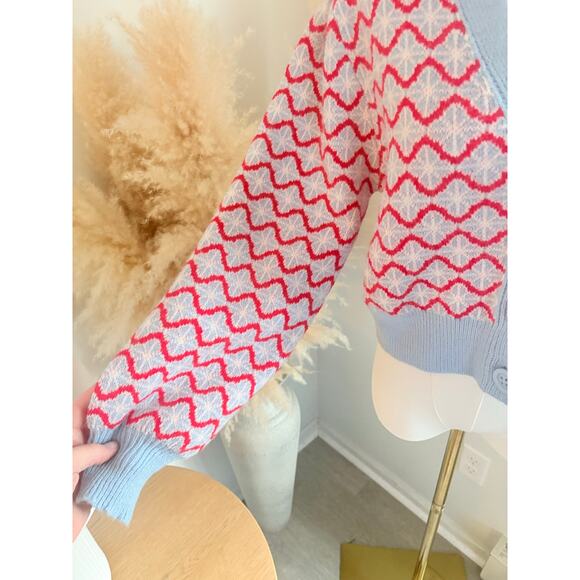 NWT Cider Wavy Button Up Crop Cardigan Sweater Womens XL Blue Red Retro Indie - Picture 4 of 8